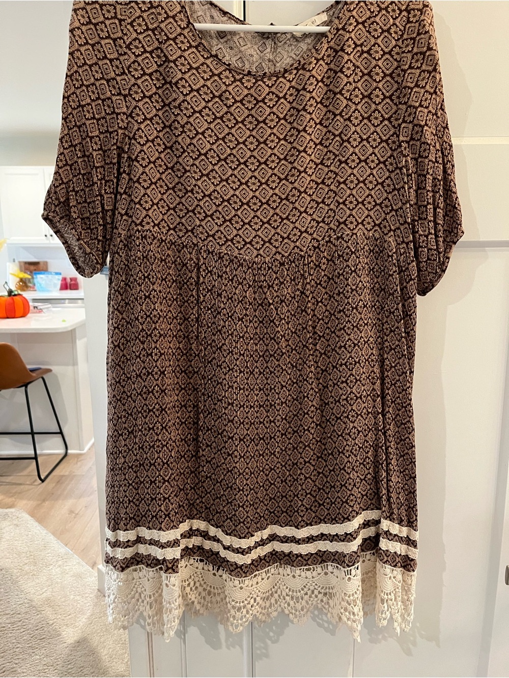 Easel Brown Patterned Short Sleeve Dress with Crochet Hem